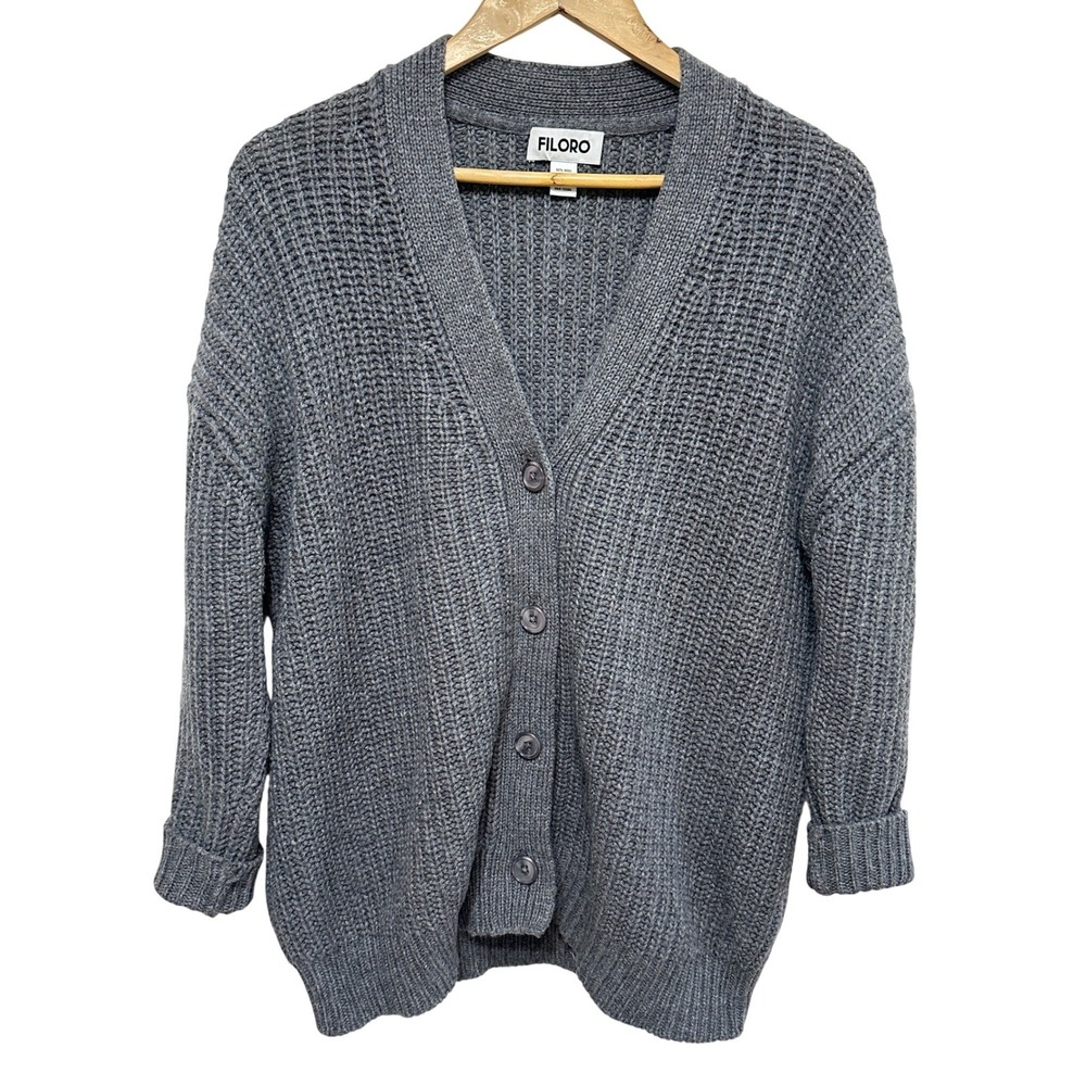 FILORO Chunky Cardigan Sweater Womens M/L Gray Wool Cashmere Knit Cozy Slouchy